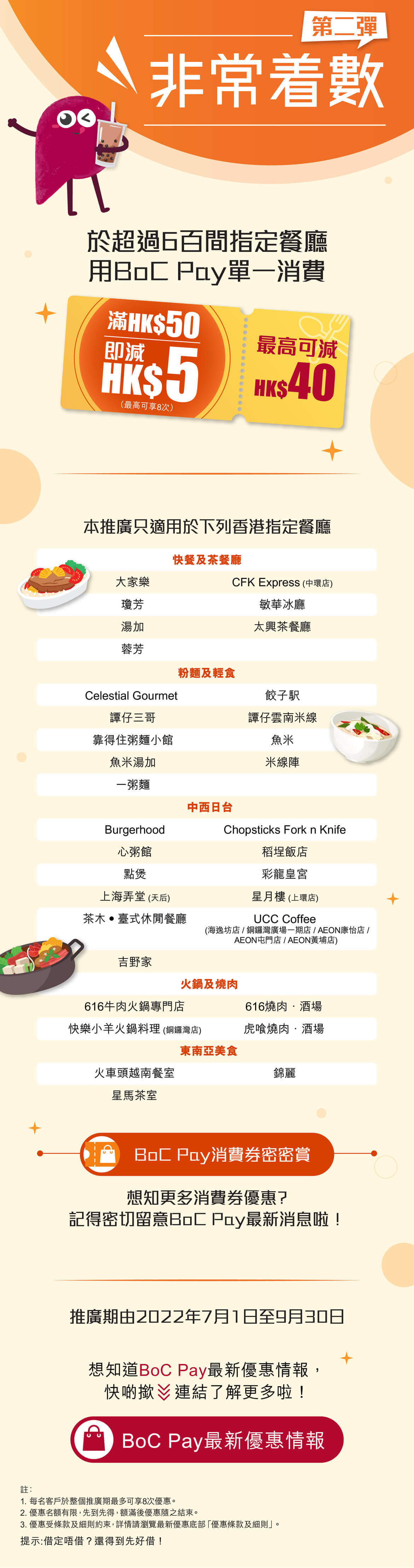 非常着數(第二彈)登場!於超過6百間指定餐廳用BoC Pay單一消費滿HK$50即減HK$5。*最高可享8次。快餐及茶餐廳。大家樂。CFK Express (中環店)。瓊芳。敏華冰廳。湯加。太興茶餐廳。蓉芳。粉麵及輕食。Celestial Gourmet 。餃子駅。譚仔三哥。譚仔雲南米線。靠得住粥麵小館。魚米。魚米東加。米線陣。中西日台。Burgerhood。Chopsticks Fork n Knife。心粥館。稻埕飯店。點煲。彩龍皇宮。上海弄堂 (天后)。星月樓 (上環店)。茶木‧臺式休閒餐廳。UCC Coffee (海逸坊店 / 銅鑼灣廣場一期店 / AEON康怡店 / AEON屯門店 / AEON黃埔店)。吉野家。火鍋及燒肉。616牛肉火鍋專門店。616燒肉．酒場。快樂小羊火鍋料理 (銅鑼灣店)。虎喰燒肉．酒場。東南亞美食。火車頭越南餐室。錦麗。星馬茶室。BoC Pay消費券密密賞!想知更多消費券優惠?記得密切留意BoC Pay最新消息啦！推廣期由2022年7月1日至9月30日。1.每名客戶於整個推廣期最多可享8次優惠。2.優惠名額有限，先到先得，額滿後優惠隨之結束。3.優惠受條款及細則約束，詳情請瀏覽最新優惠底部「優惠條款及細則」。想知道BoC Pay最新優惠情報，快啲撳。連結了解更多啦!。BoC Pay最新優惠情報。提示 : 借定唔借 ? 還得到先好借！。本推廣只適用於下列香港指定餐廳