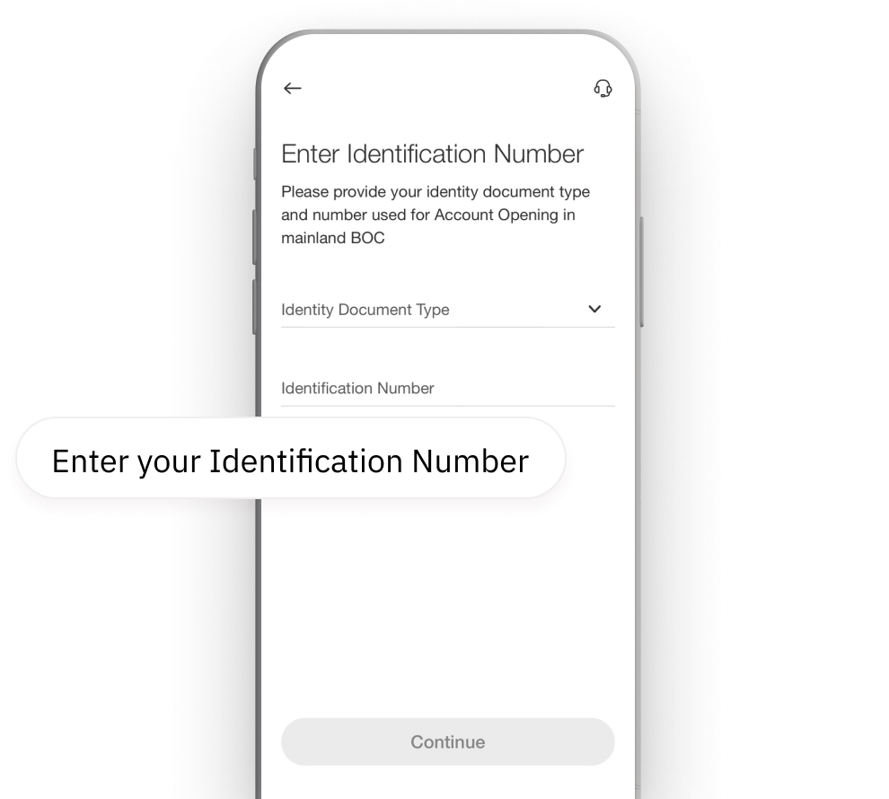 Please provide or confirm your identity document type and number used for account opening in mainland BOC