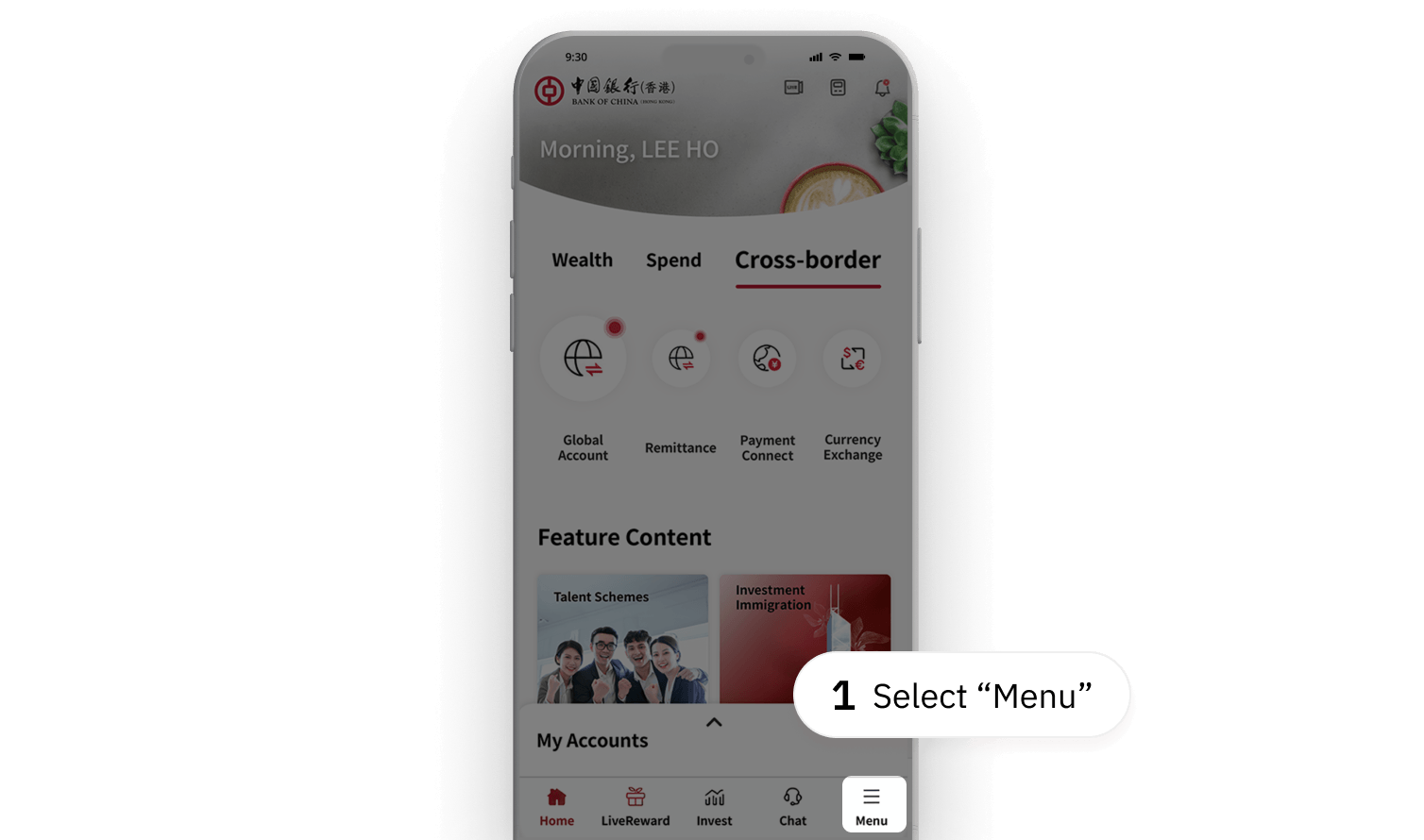 After authorization, log in to BOCHK Mobile Banking, "Menu" > "Account" > "Account Overview"