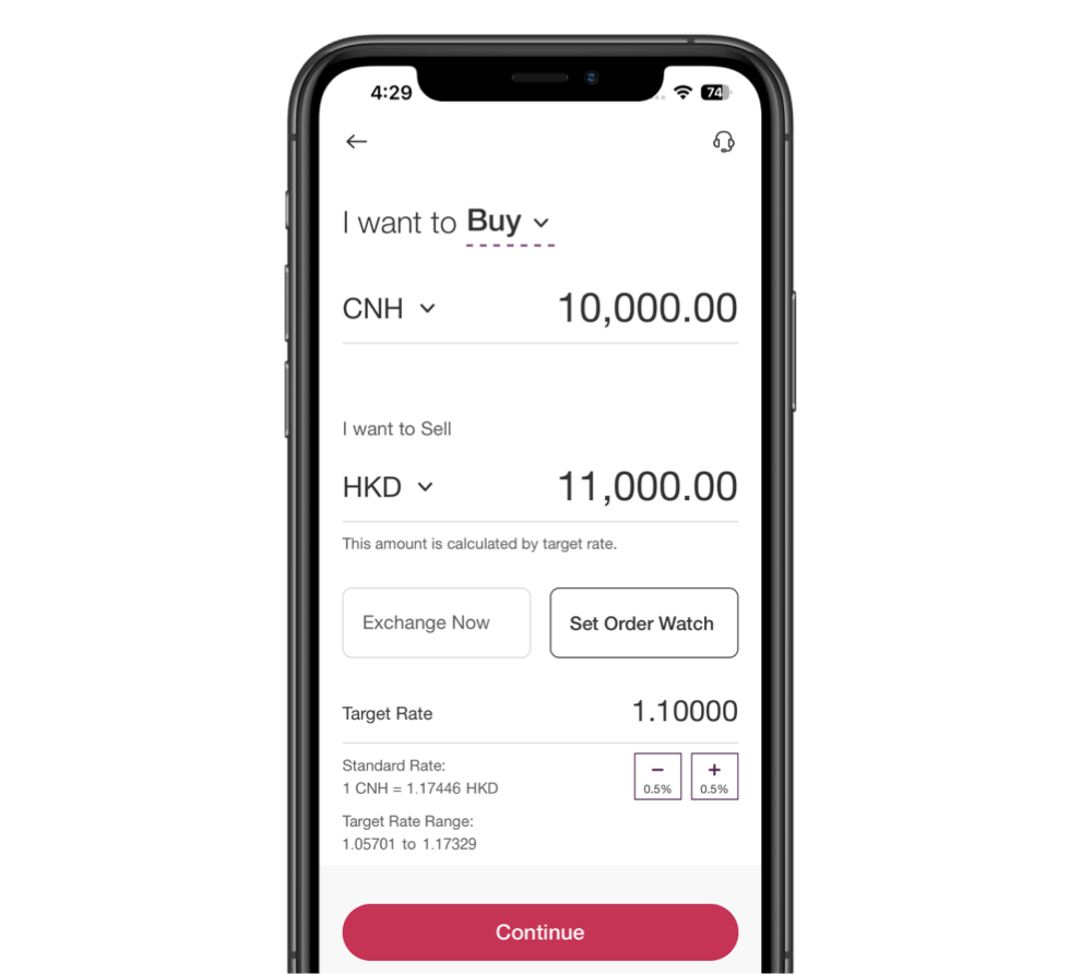 Input the amount, choose to “Set Order Watch”, and set your target rate