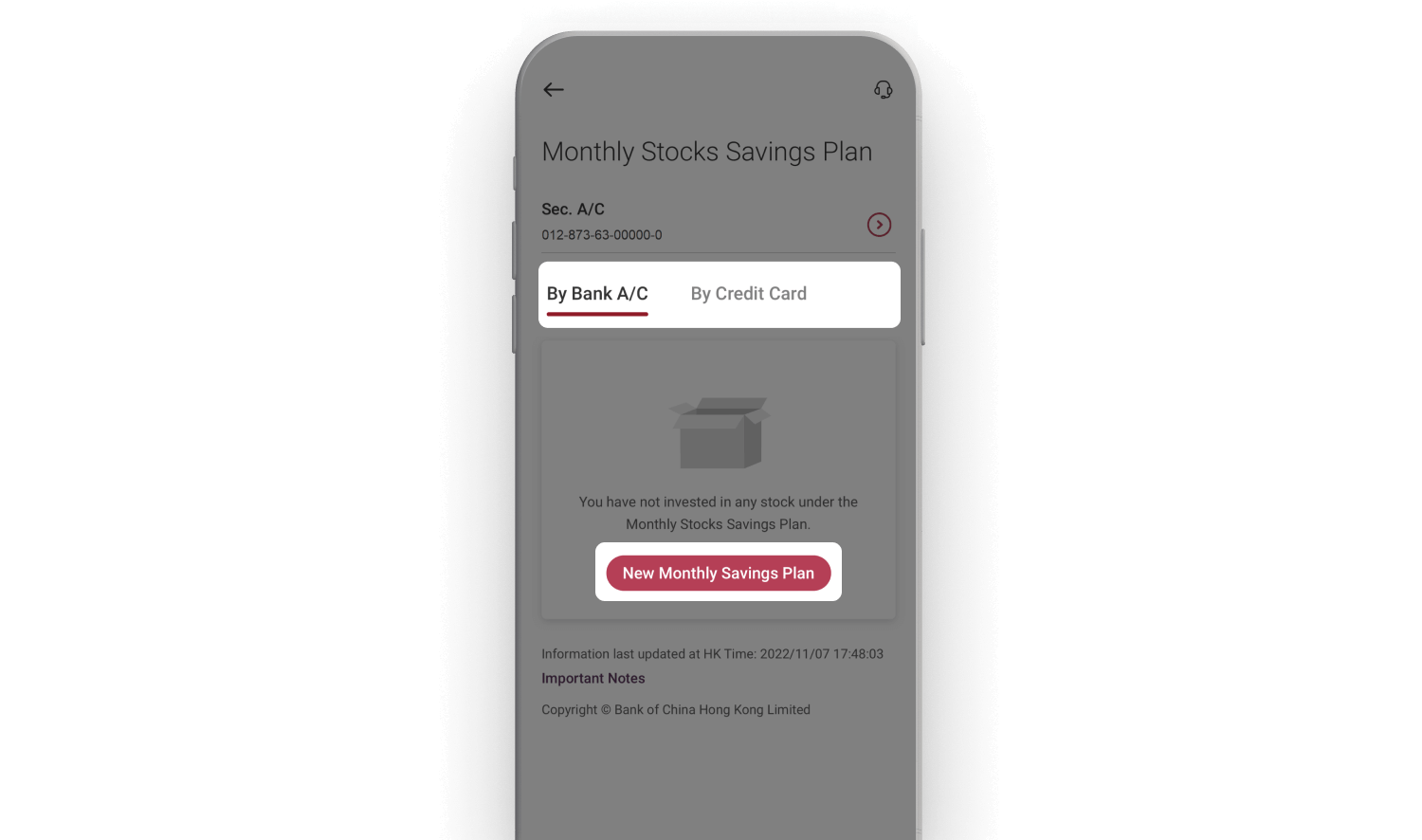 Select “By Bank A/C” or “By Credit Card” to set up new Monthly Stocks Savings Plan