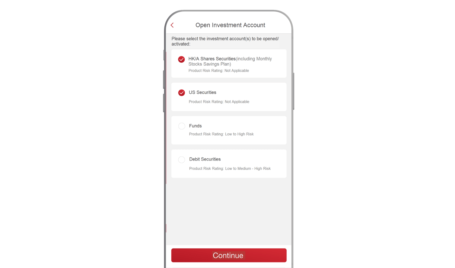 Select the securities services to be opened