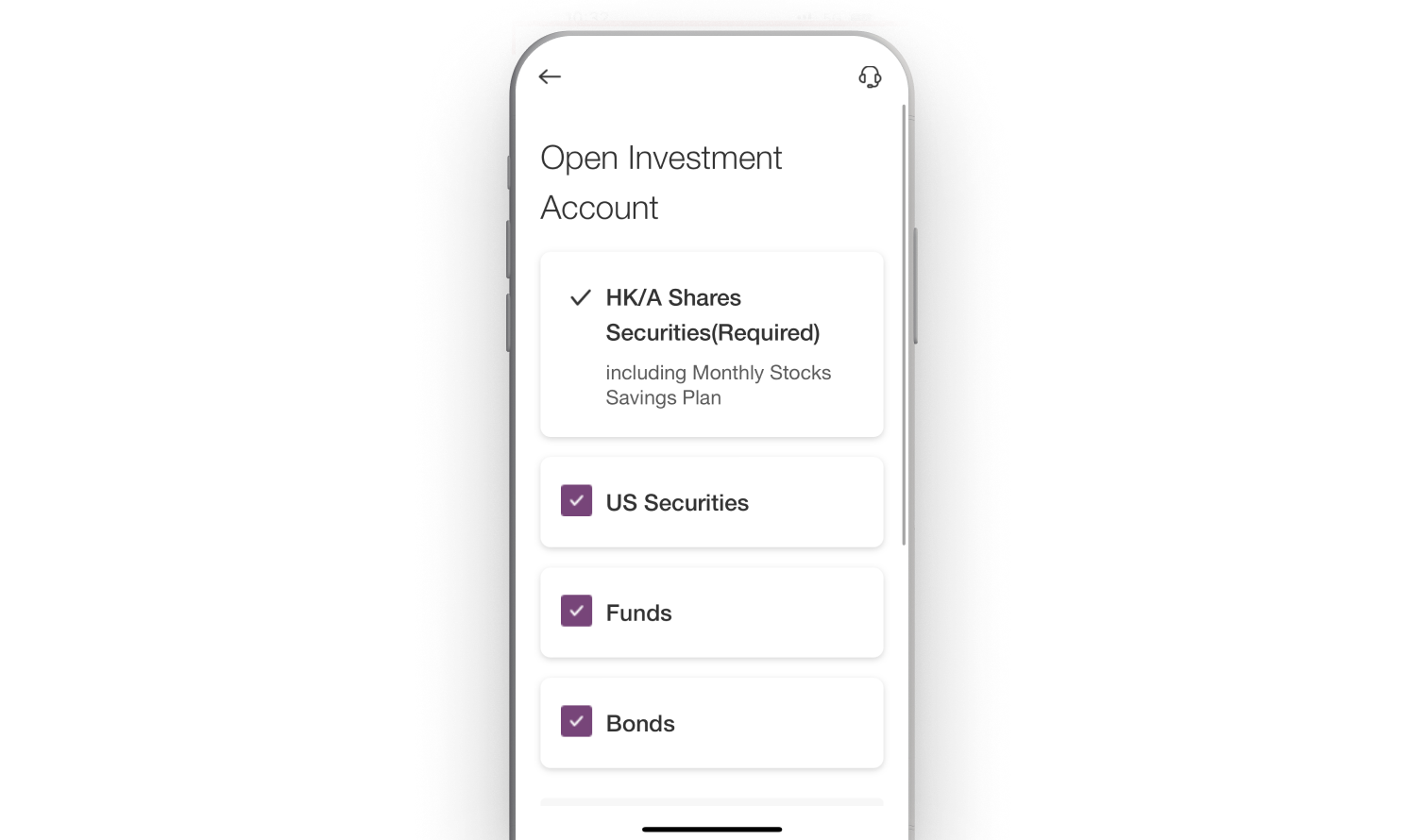 Select the securities services to be opened