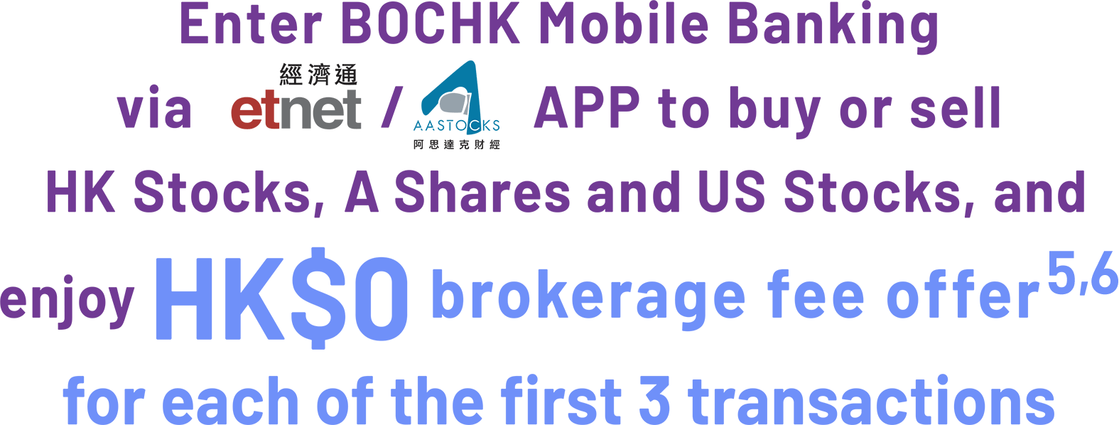 Enter BOCHK Mobile Banking via ETNET/AASTOCKS APP to buy or sell HK Stocks, A Shares and US Stocks, and enjoy HK$0 brokerage fee offer for each of the first 3 transactions