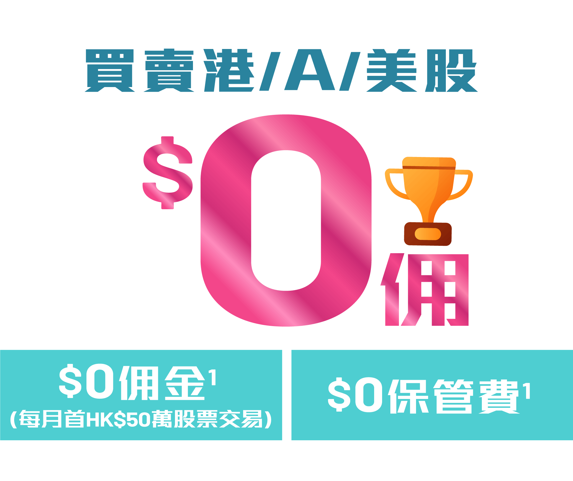 買賣港/A/美股 HK$0佣金1（每月首HK$50萬股票交易）HK $0保管費1