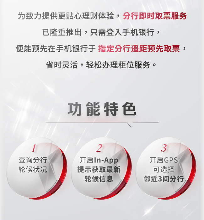为致力提供更贴心理财体验，分行即时取票服务已隆重推出