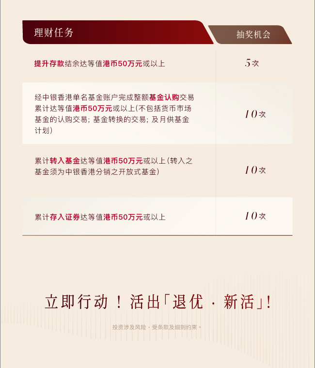 「退優•新活」 與您同行嘆世界 由即日起至2026年6月30日（推廣期），完成指定理財任務， 即有機會贏取「旅•心活」雙人旅居假期或 其他禮遇，開展「退優•新活」！
