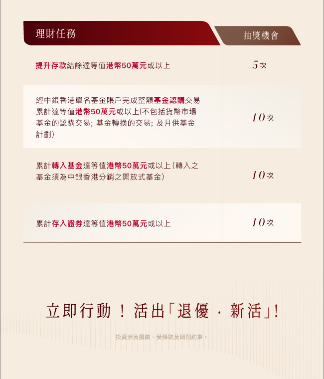 「退優•新活」 與您同行嘆世界 由即日起至2026年6月30日（推廣期），完成指定理財任務， 即有機會贏取「旅•心活」雙人旅居假期或 其他禮遇，開展「退優•新活」！